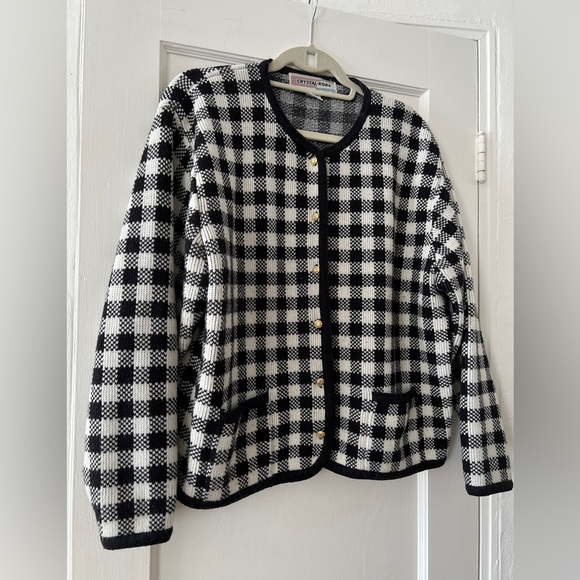 Vintage black white check plaid houndstooth cardigan lady jacket round neck - Picture 1 of 15